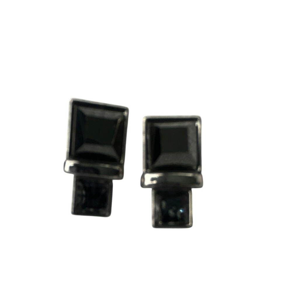 Vintage Art Deco Black Onyx Style Square Stud Earrings Silver Tone Geometric